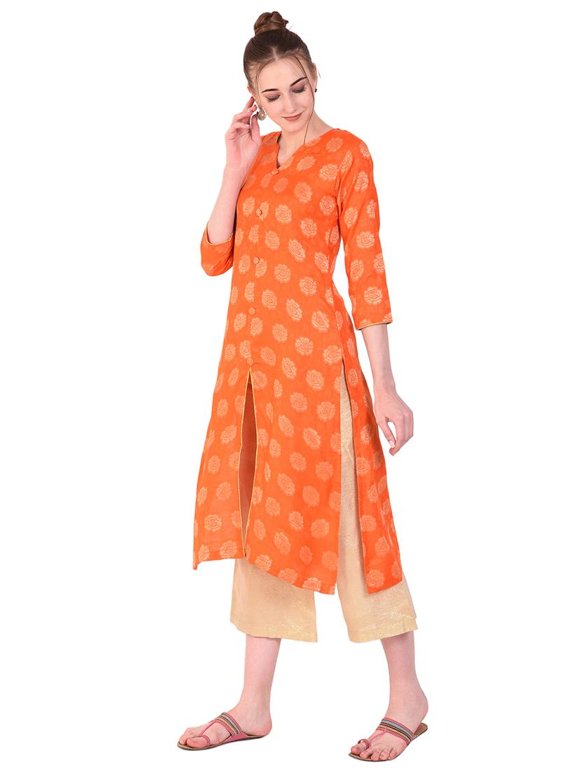 orange cotton printed high slit kurta - 18051607 - Standard Image - 1
