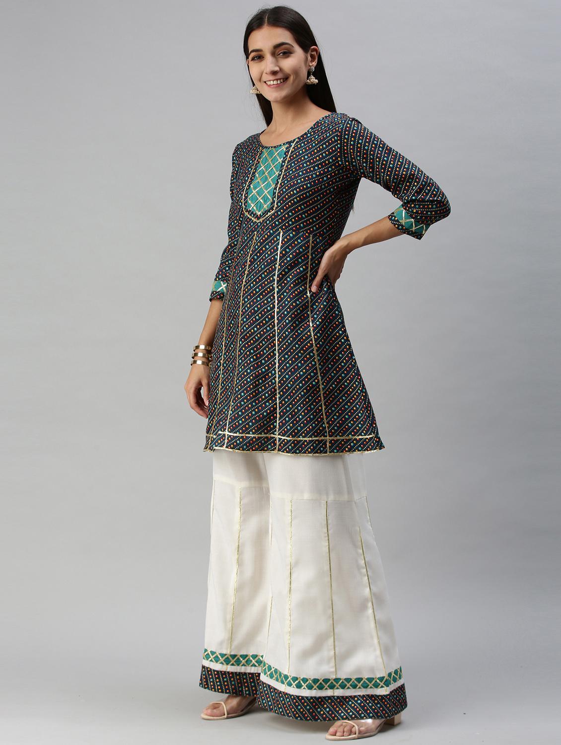 teal cotton blend kurta palazzo  set - 18051619 -  Standard Image - 1