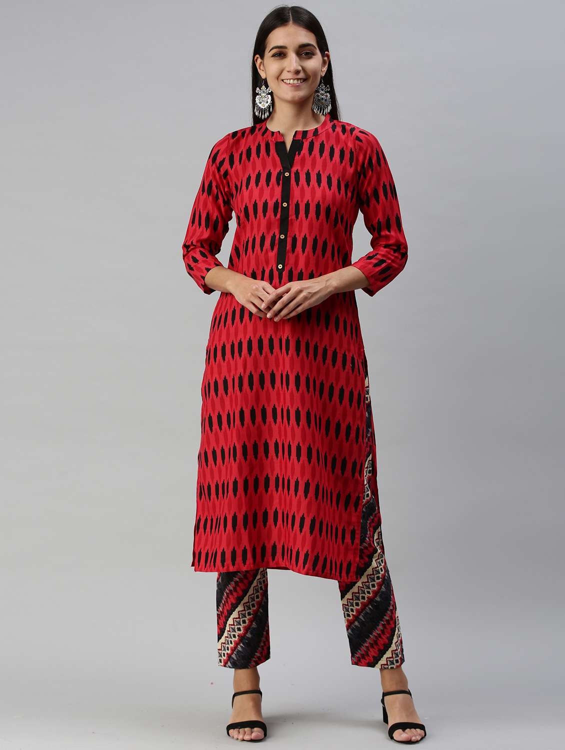 red cotton blend kurta pant  set