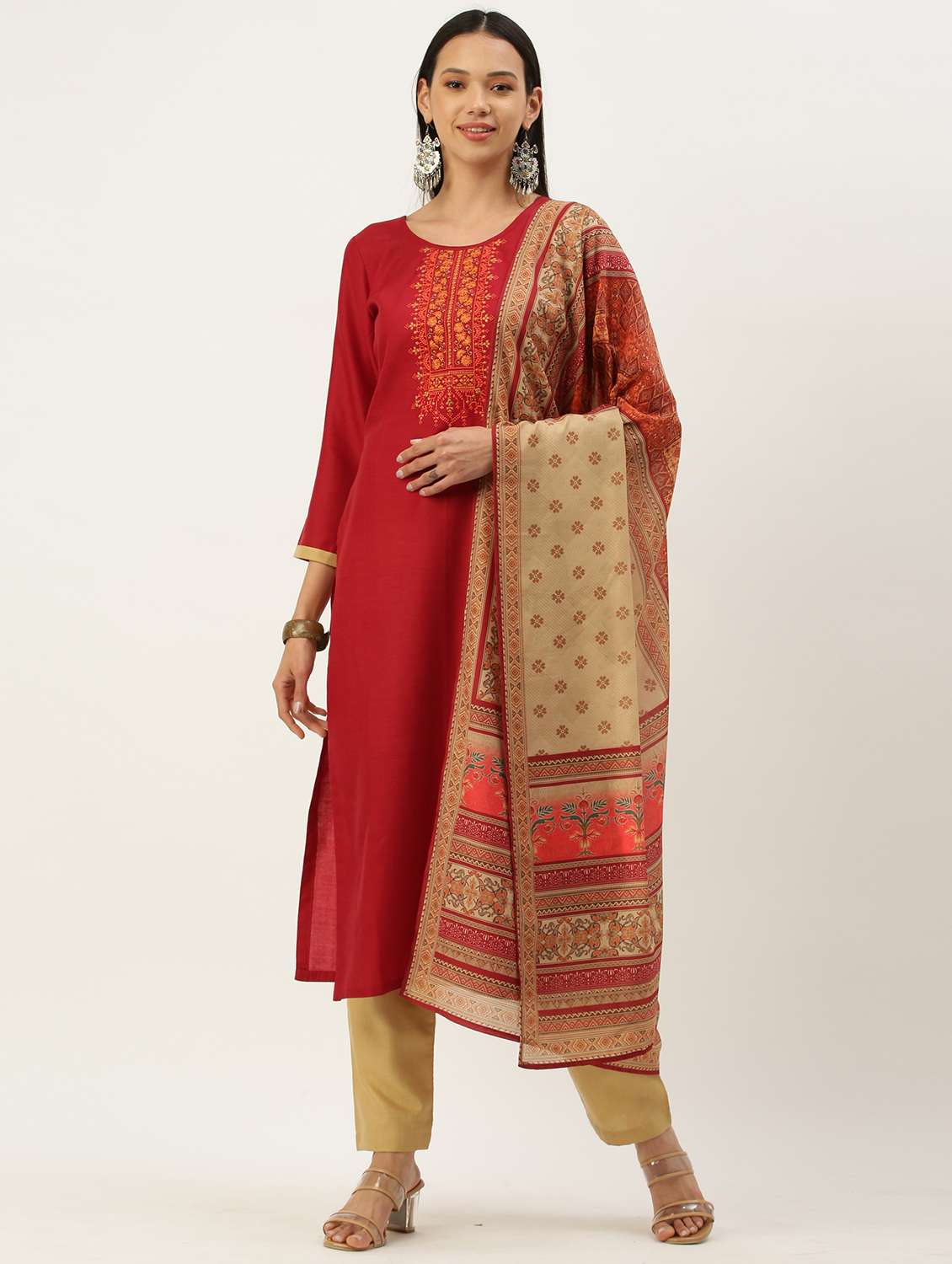 burgundy cotton blend kurta pant  set