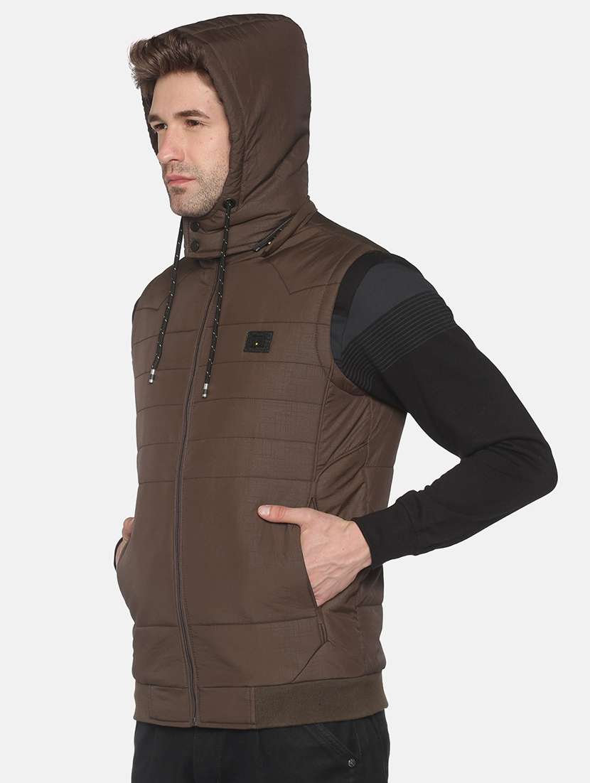 brown solid quilted jacket - 18052394 -  Standard Image - 1