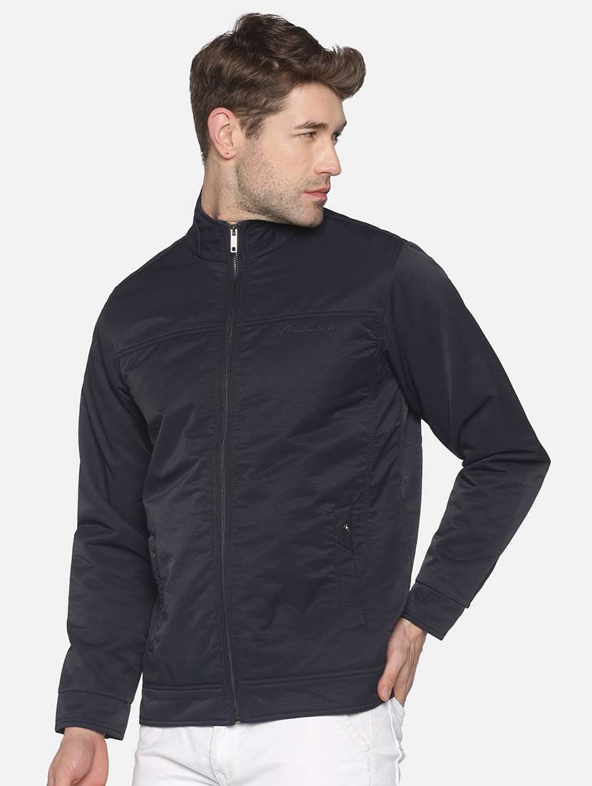 navy blue solid casual jacket - 18052419 -  Standard Image - 1