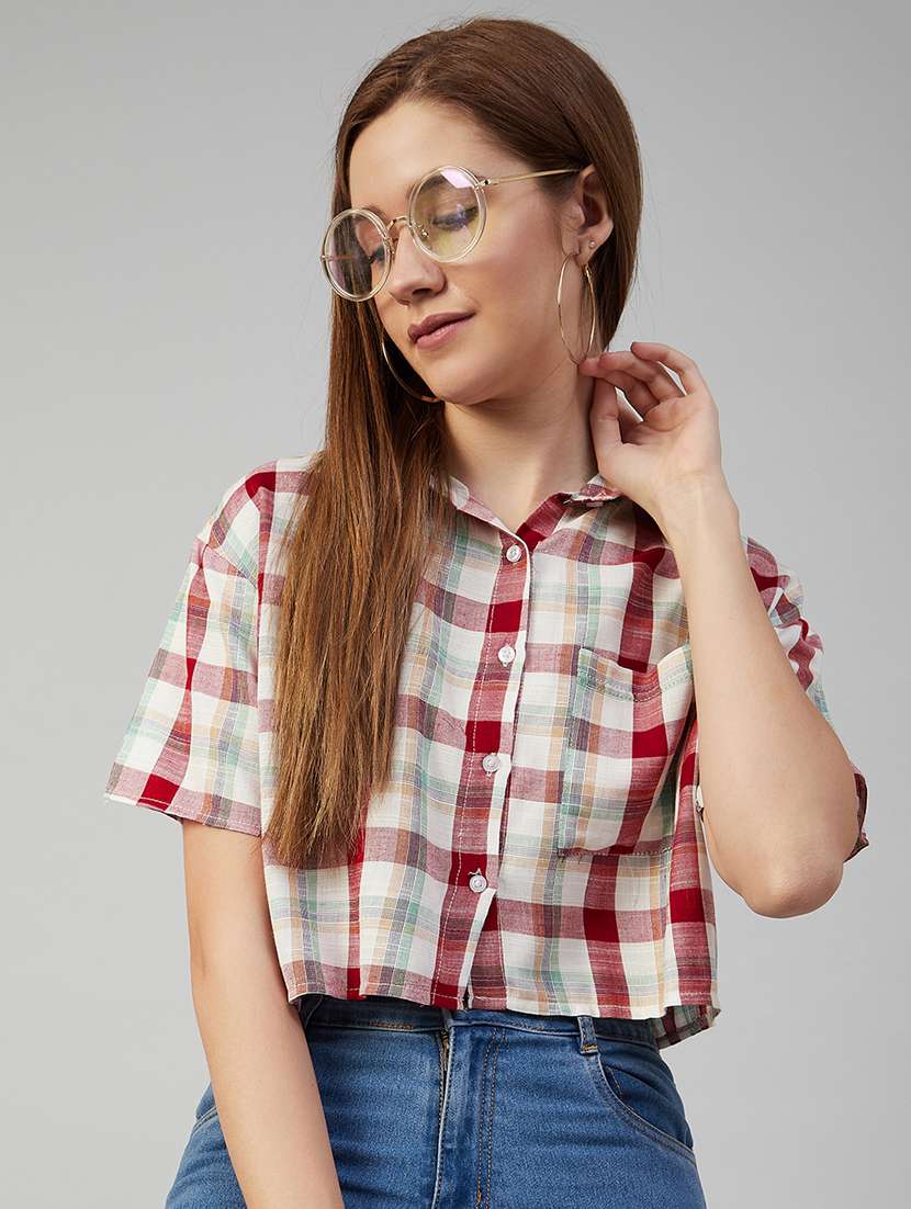 pocket detail checked crop shirt