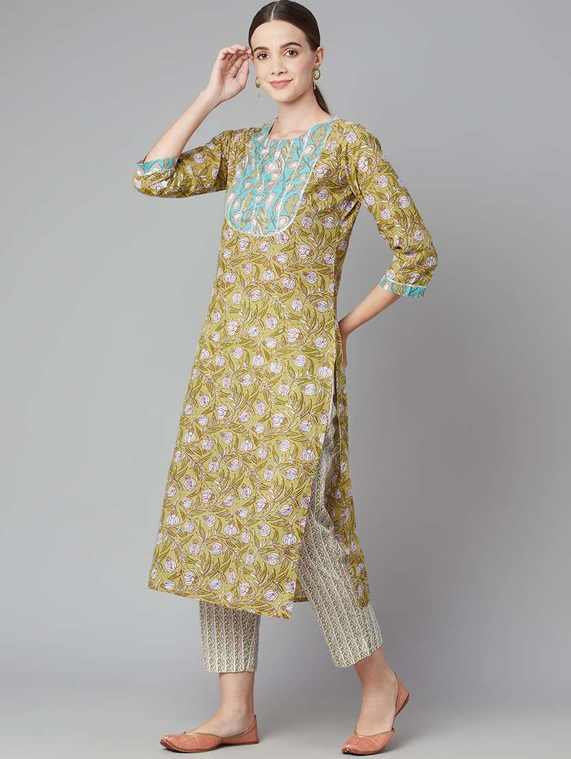 green cotton kurta pant  set - 18054210 -  Standard Image - 1