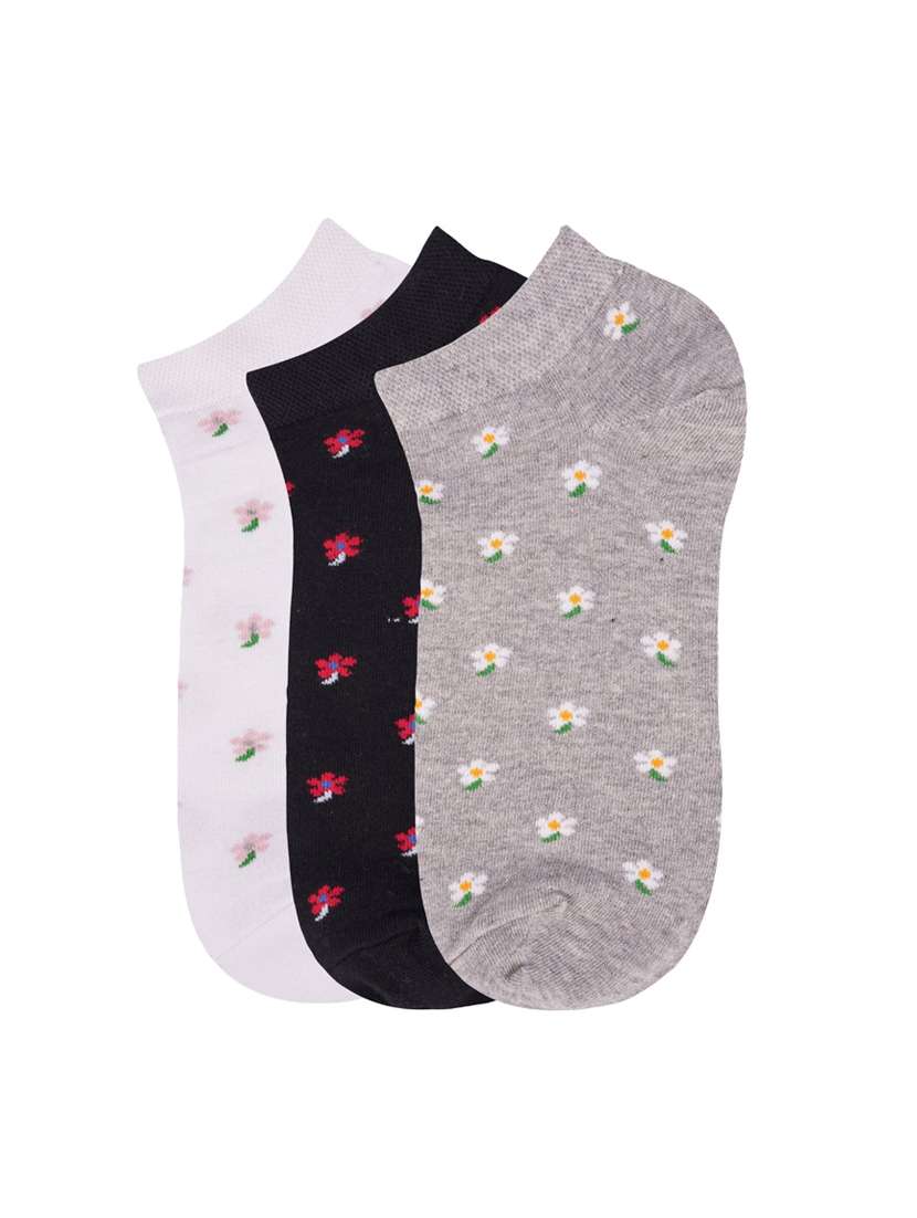  low ankle length flower pattern cotton socks (pack of 3) - 18054731 -  Standard Image - 1