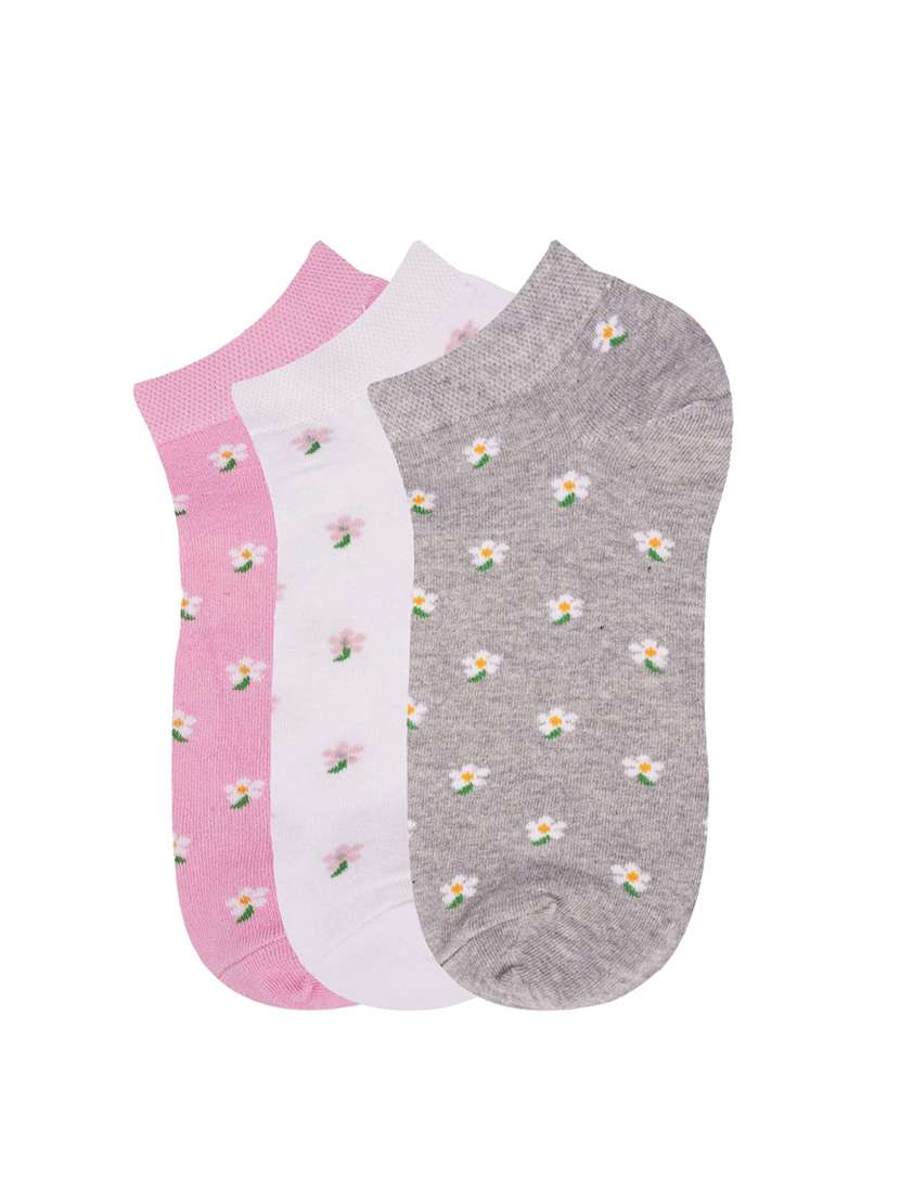 low ankle length flower pattern cotton socks (pack of 3) - 18054733 - Standard Image - 1