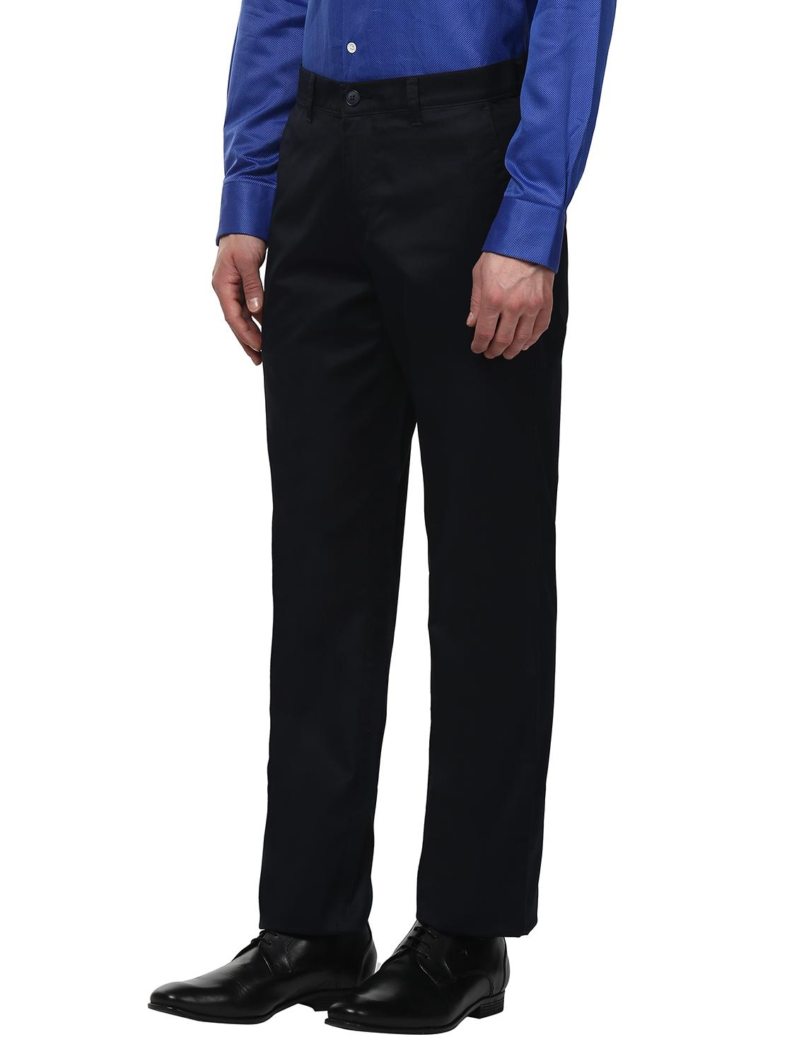 blue solid flat front casual trouser - 18055652 -  Standard Image - 1