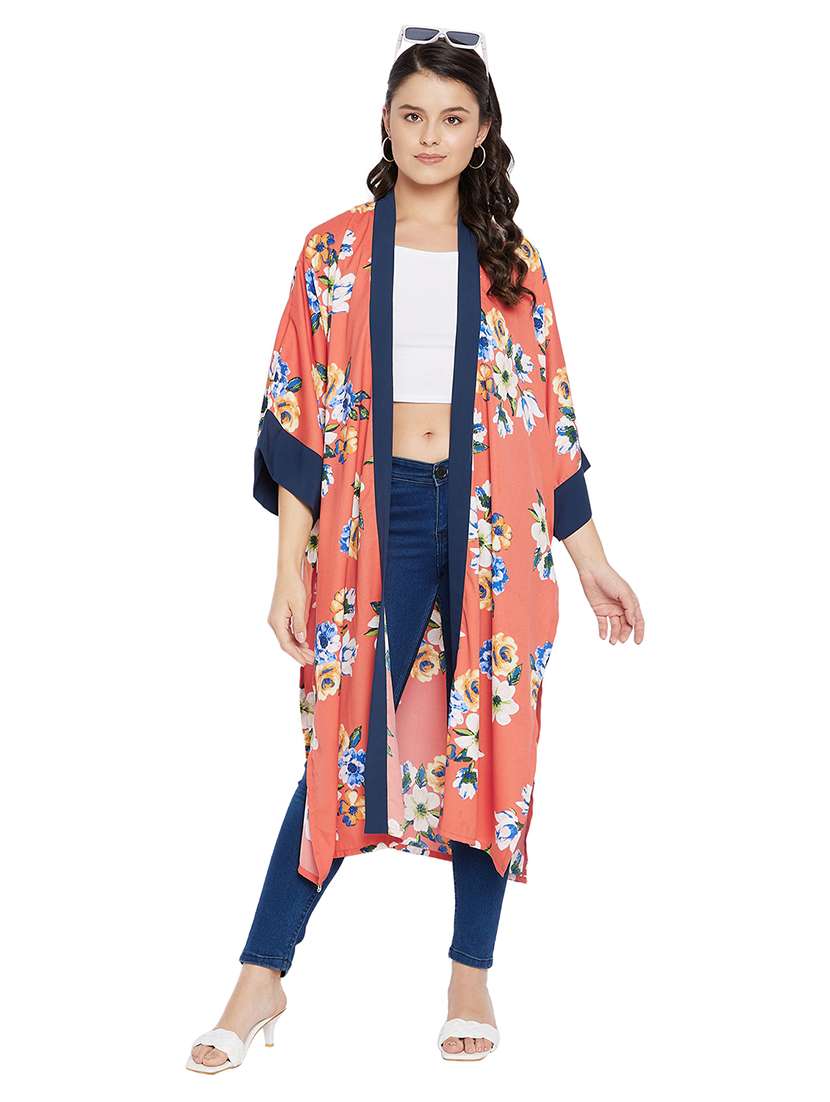 orange floral print regular fit long shrug