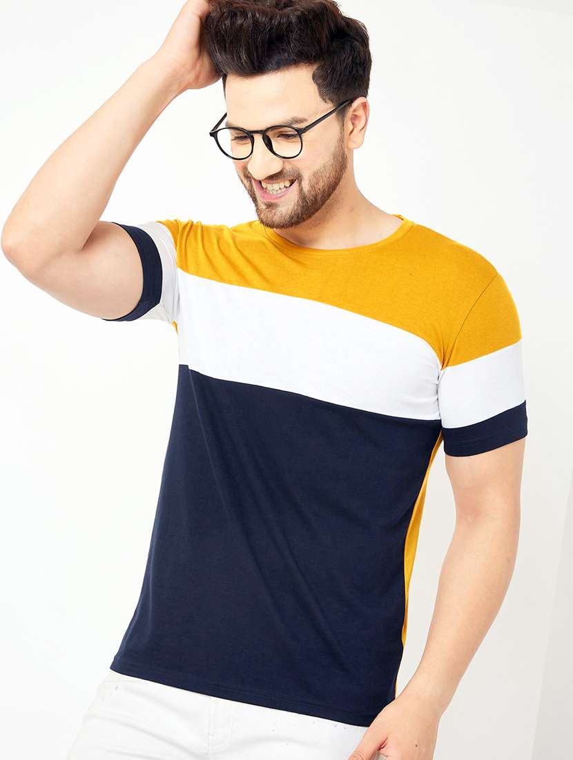navy-blue crew-neck color-block t-shirt - 18056216 -  Standard Image - 1