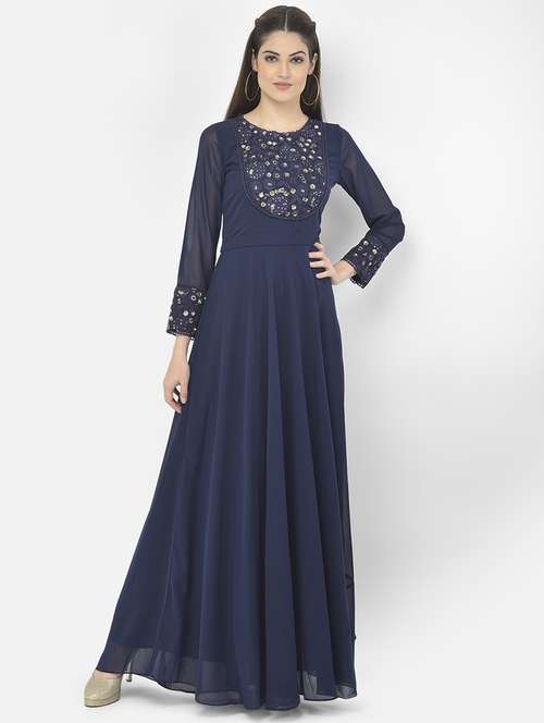 mock neck self design maxi ethnic dress - 18056448 -  Standard Image - 0