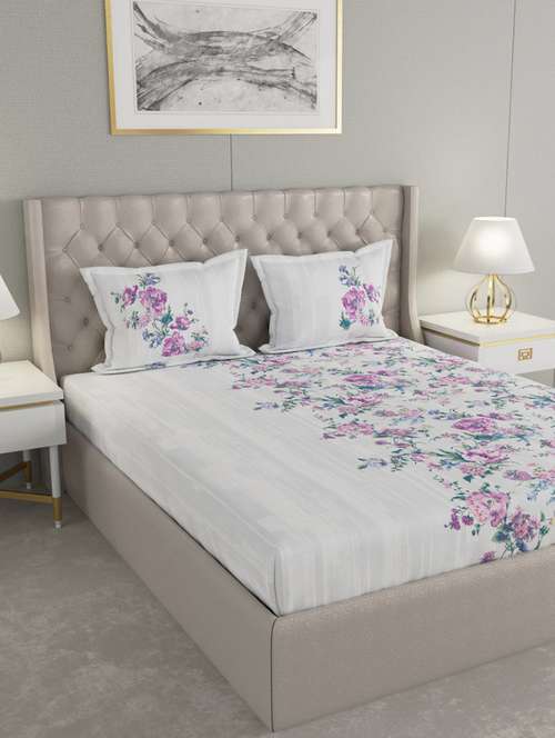 gm floral 180 tc 100% cotton digital print white & orange double bedsheet with 2 pillow covers - 18058958 -  Standard Image - 0