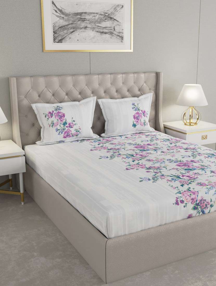 gm floral 180 tc 100% cotton digital print white & orange double bedsheet with 2 pillow covers - 18058958 -  Zoom Image - 0