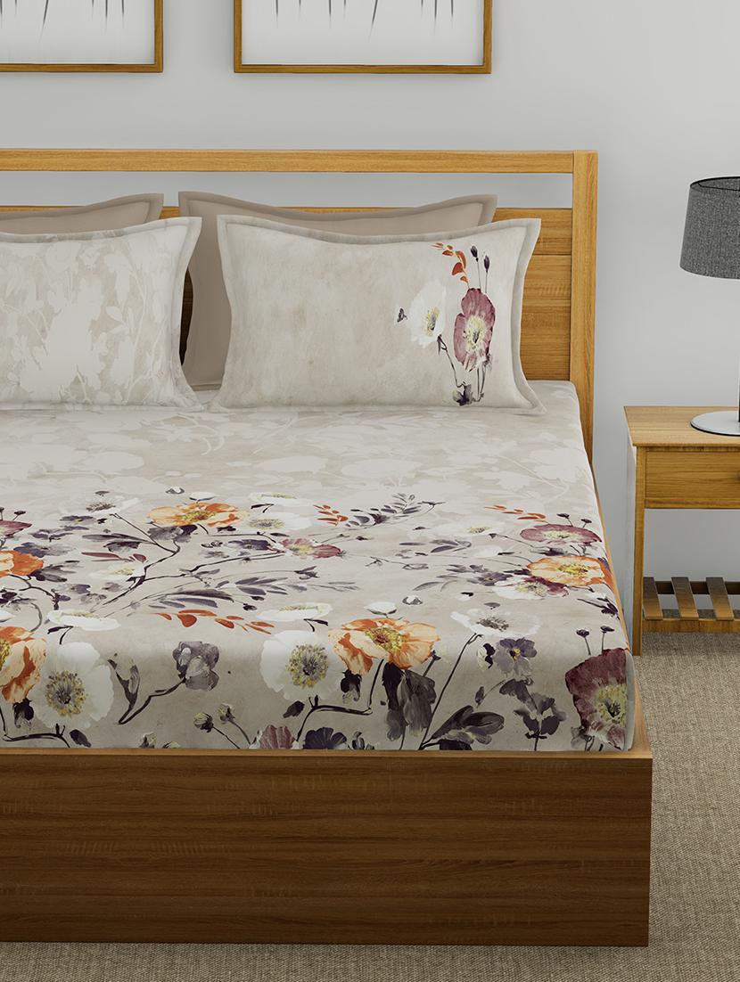 gm floral 400 tc 100% cotton digital print beige double bedsheet with 4 pillow covers - 18058998 -  Standard Image - 1