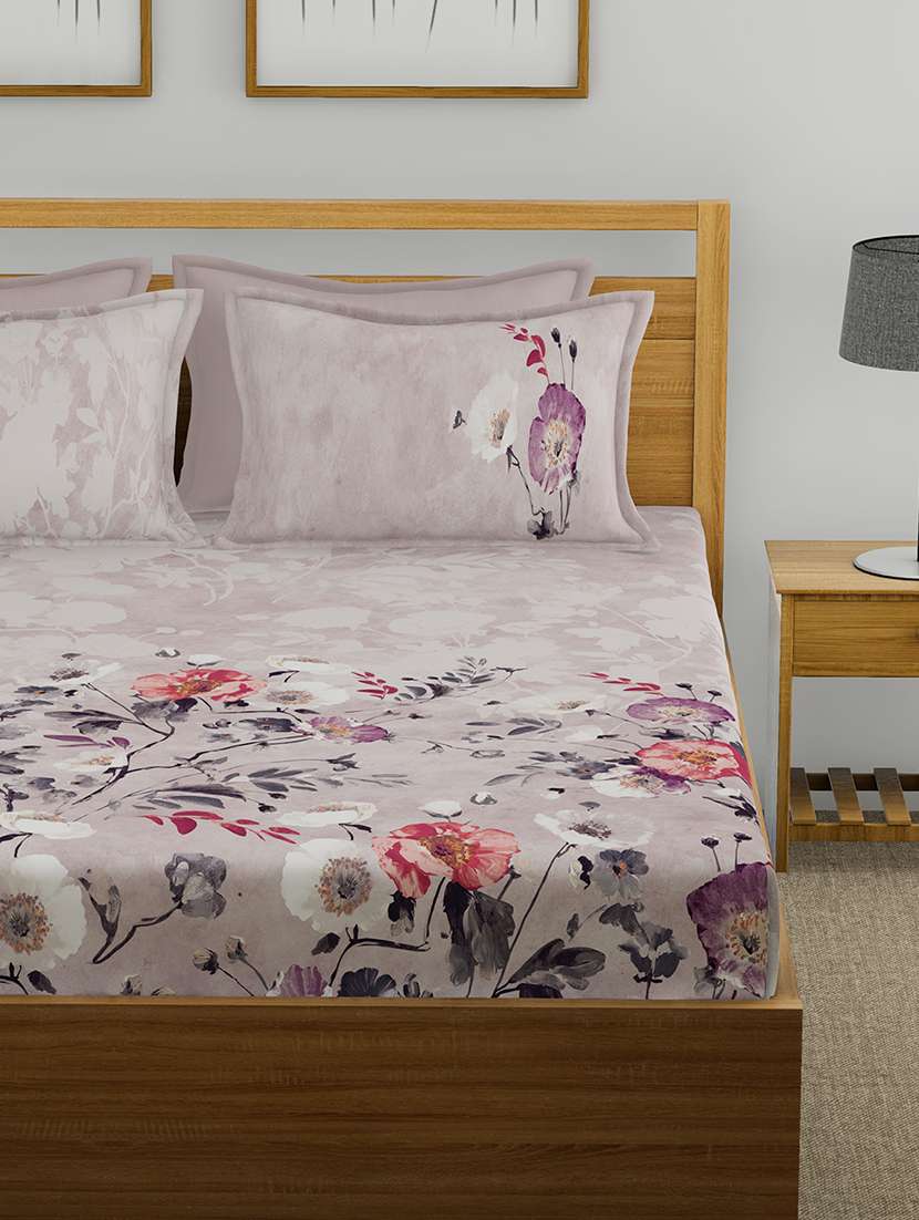 gm floral 400 tc 100% cotton digital print beige double bedsheet with 4 pillow covers - 18058999 -  Standard Image - 1
