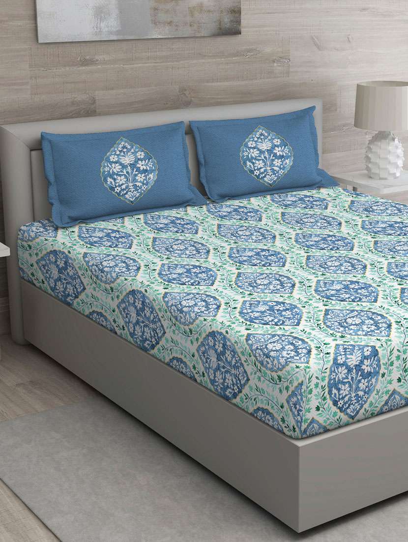 gm abstract 150 tc 100% cotton digital print blue double bedsheet with 2 pillow covers