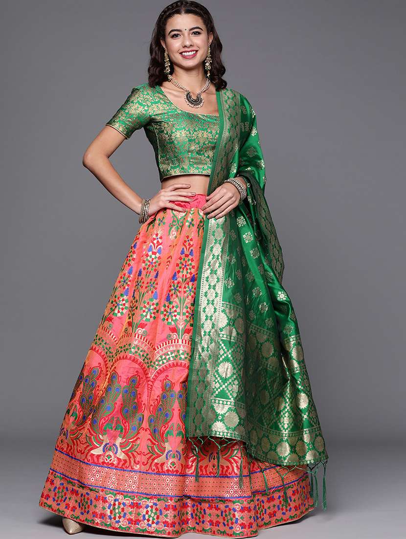 orange art silk flared lehenga