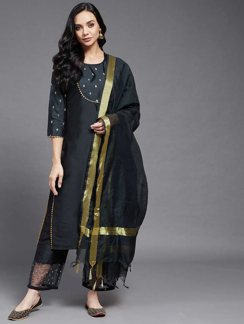 women black self design kurta palazzo set with dupatta set