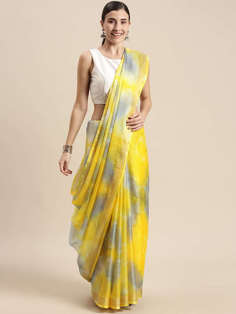 women's tie & dye yellow colored saree with blouse