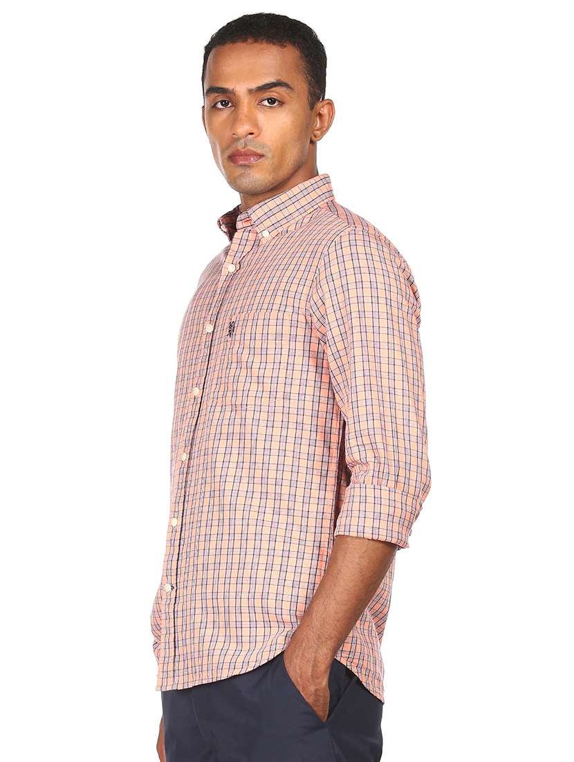 orange checked casual shirt