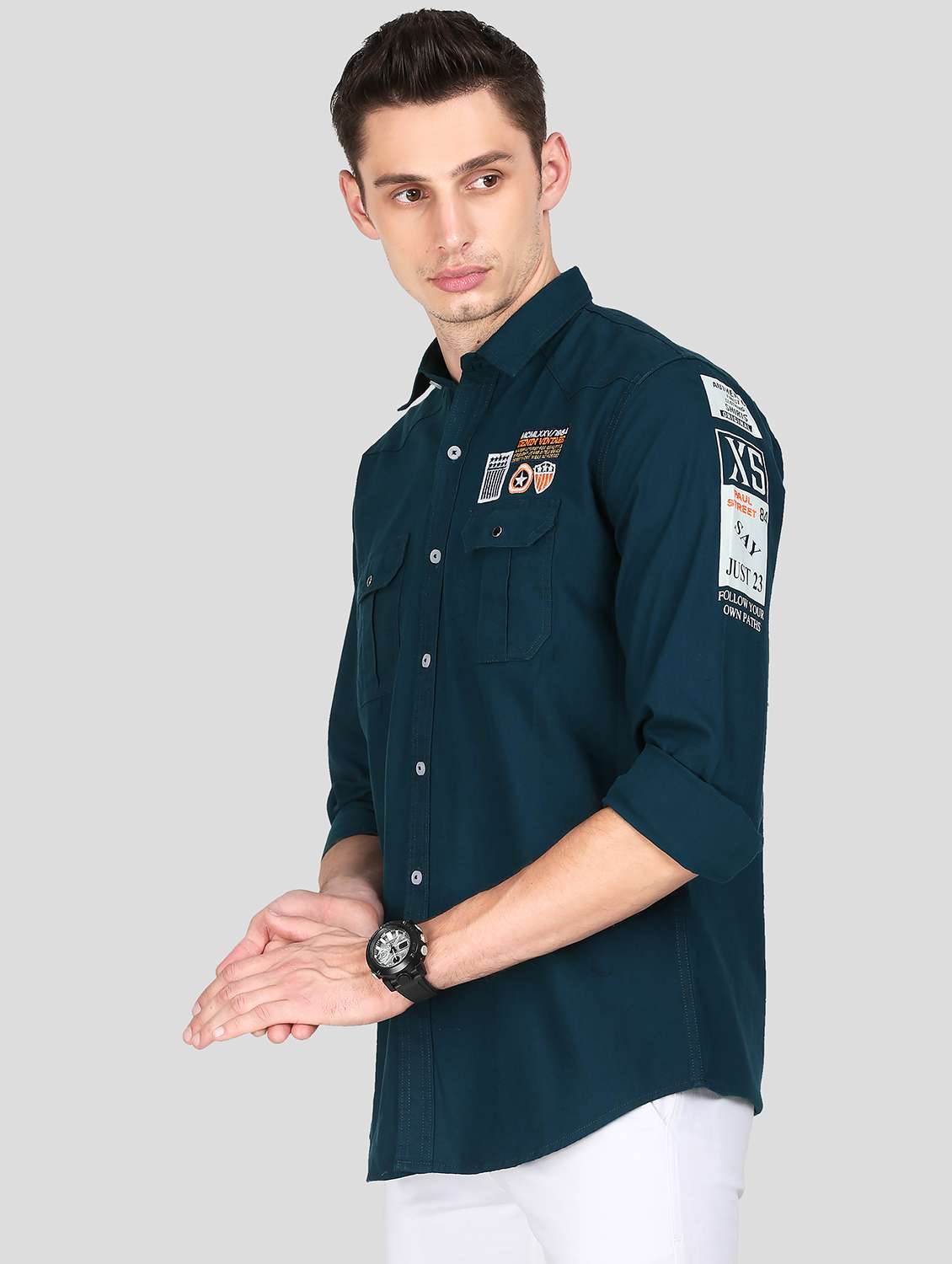 dark blue solid casual shirt - 18079965 -  Standard Image - 1