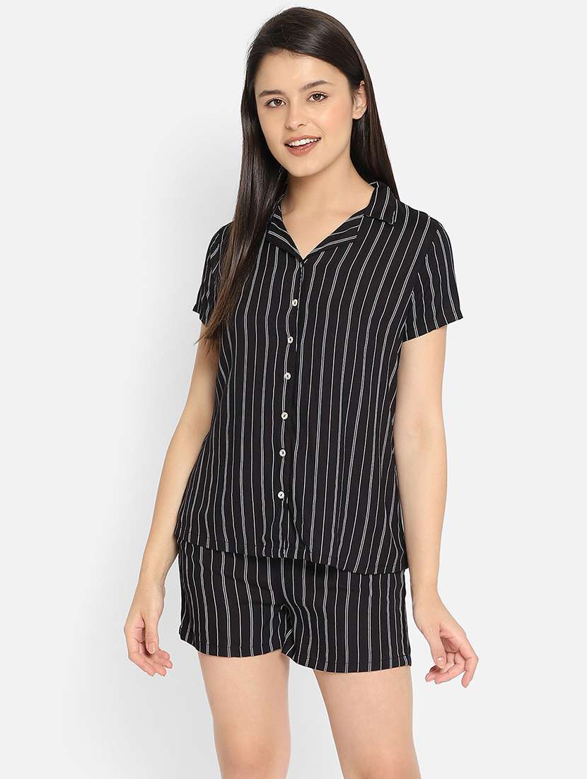 shirt collar printed nightwear shorts set