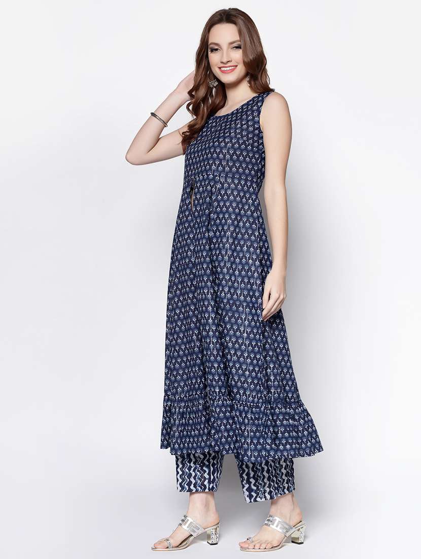 navy cotton aline kurta - 18081058 -  Standard Image - 1