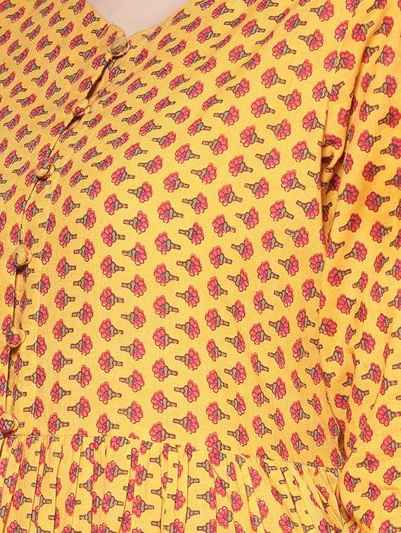 Women Yellow Printed Long Sleeve Front Slit Kurta