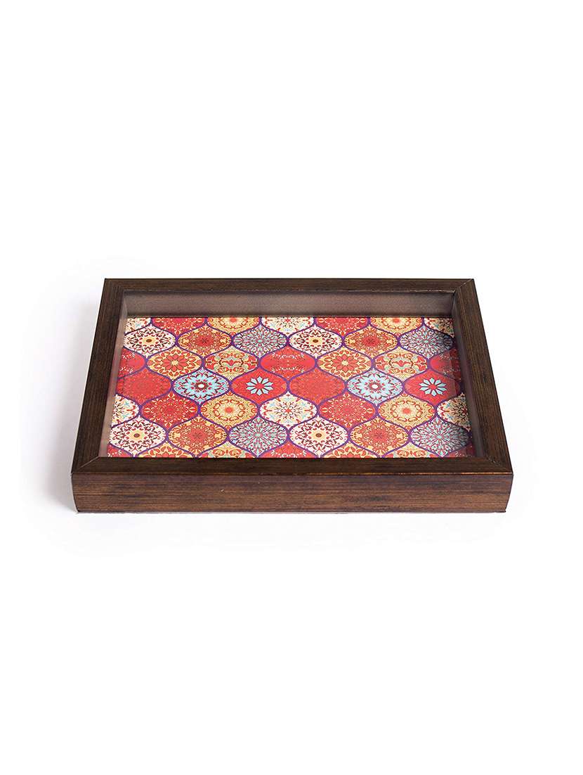fireflies handcrafted serving tray with acrylic insert for dining table deco (pack of 1, red moroccan)