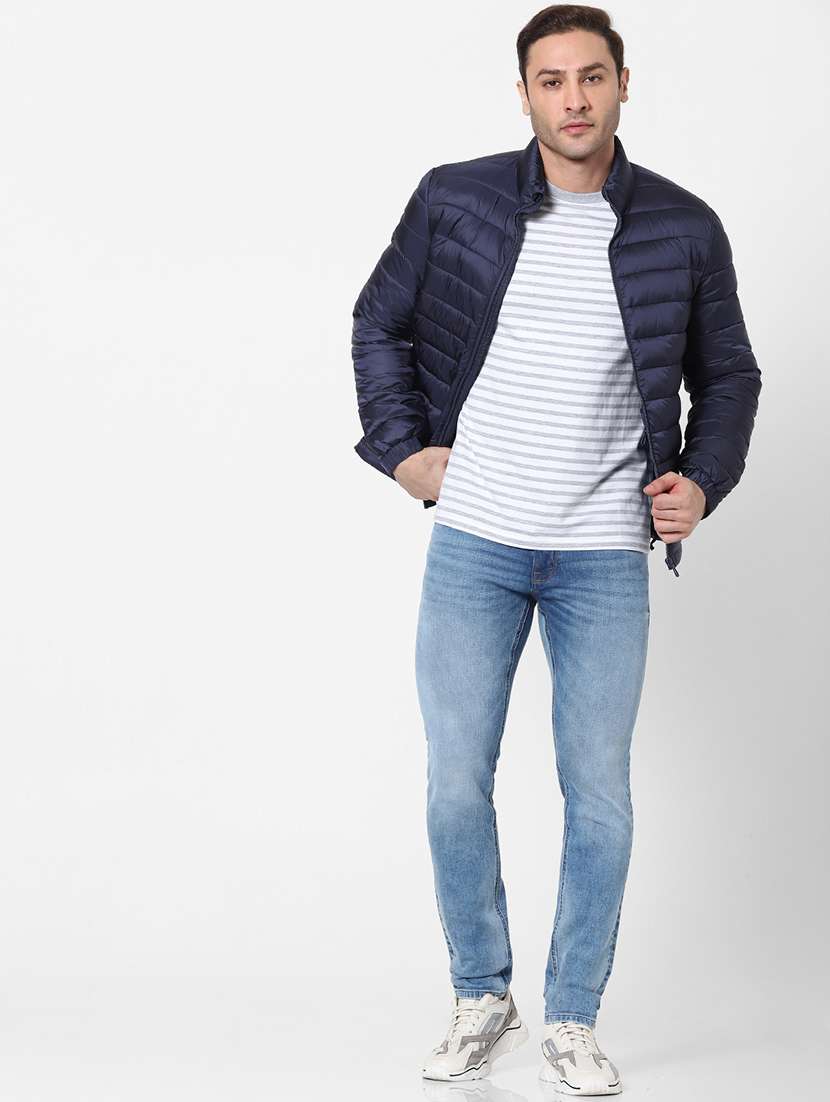 navy blue solid quilted jacket - 18083802 - Standard Image - 4