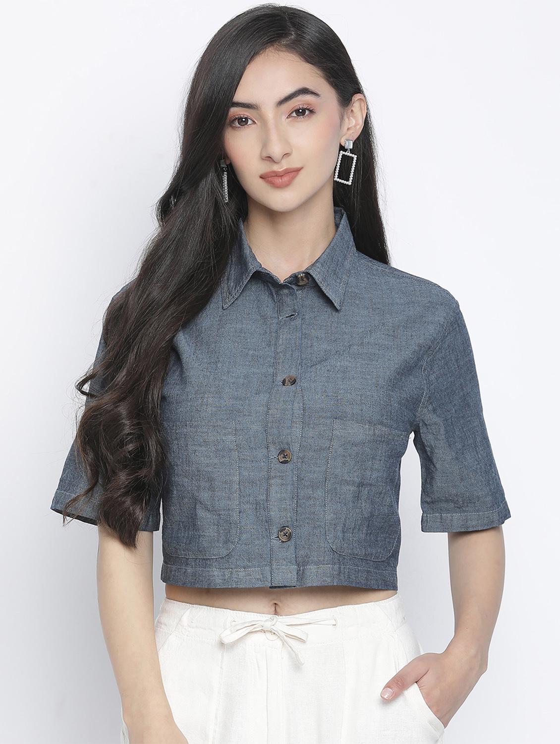 women solid color crop shirt