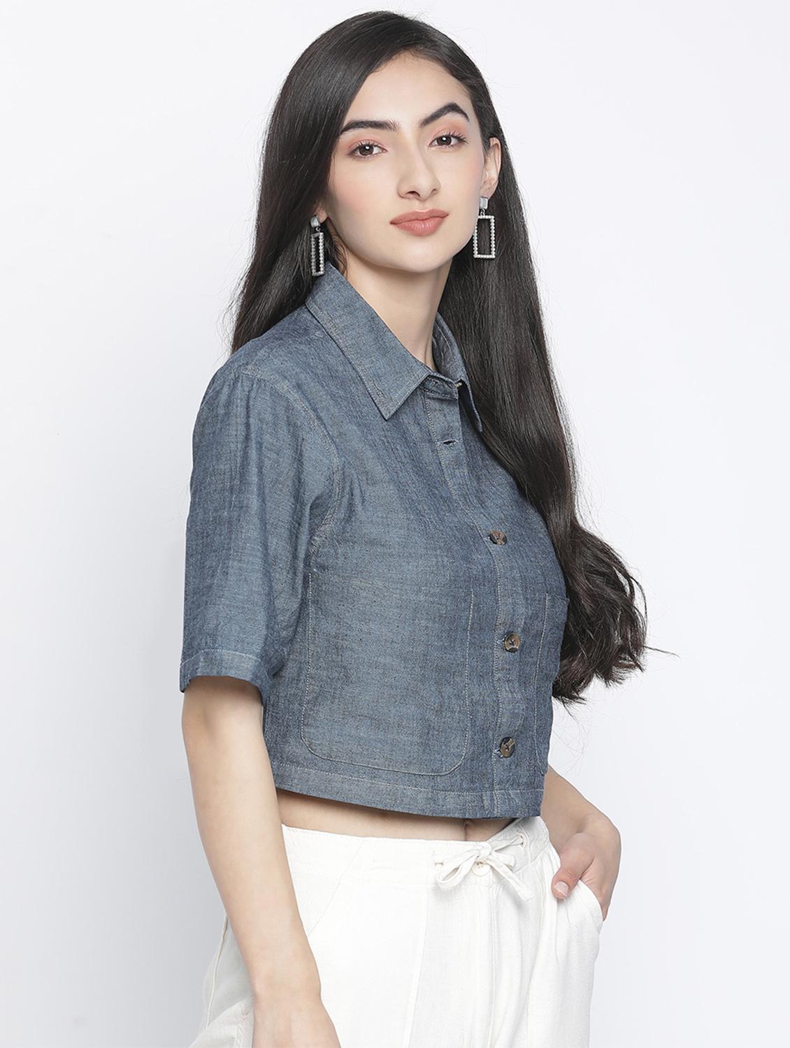 women solid color crop shirt - 18105920 - Standard Image - 1