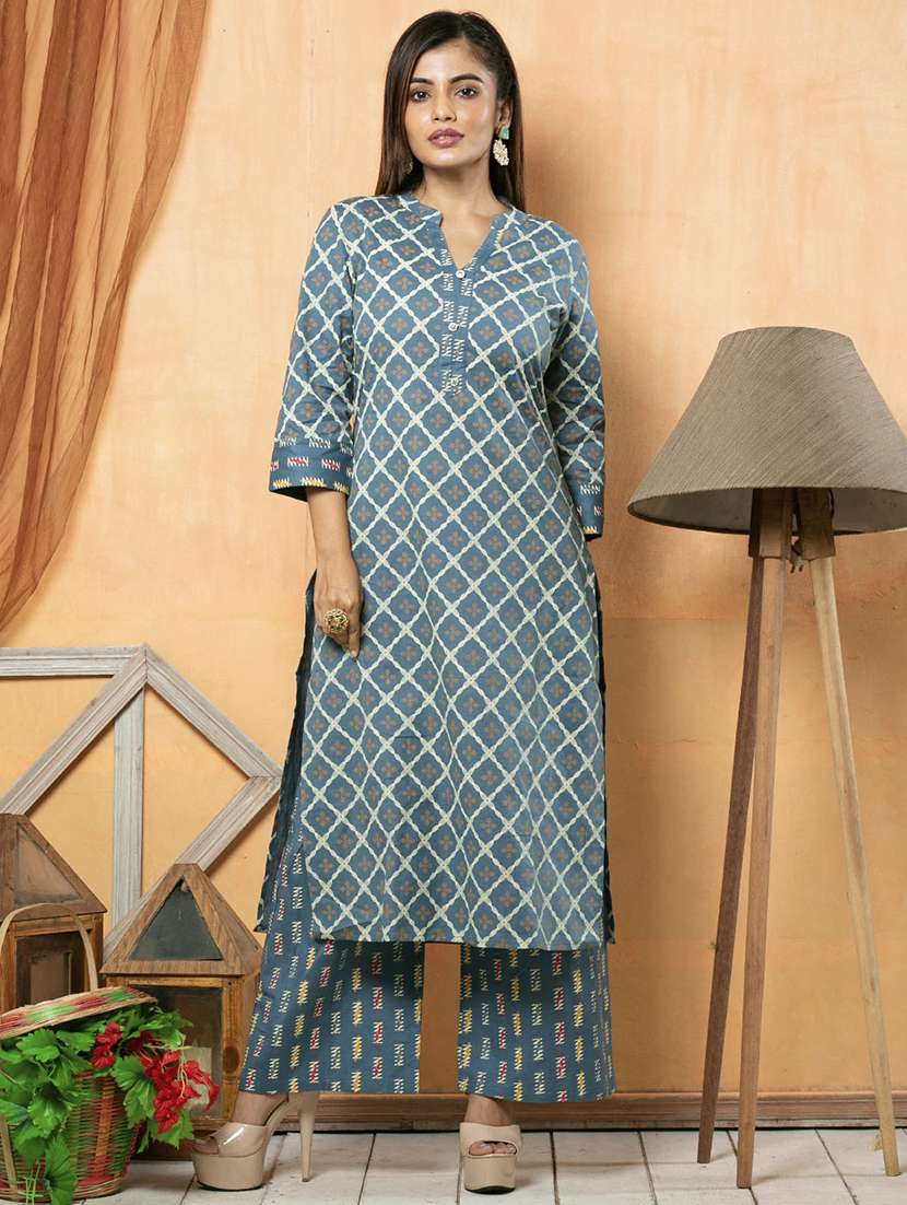 blue cotton straight kurta