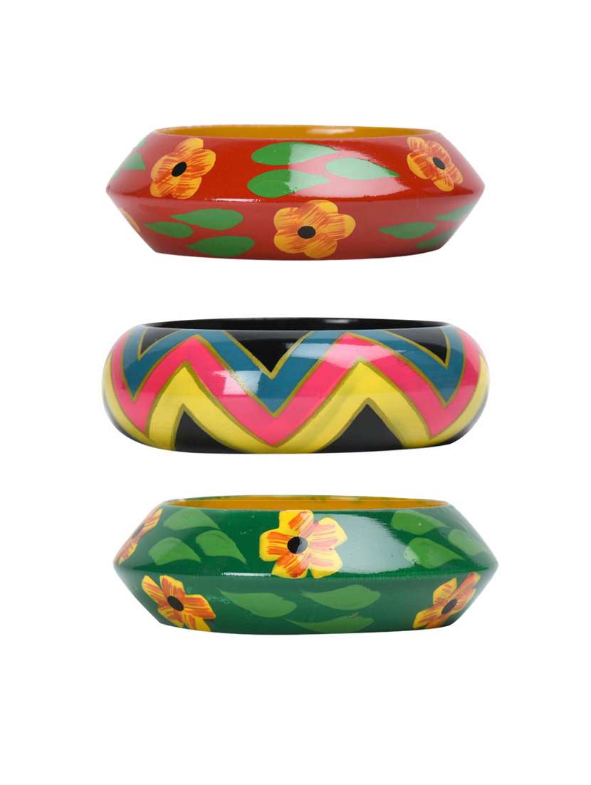 set of 3 multi colored wood bangle