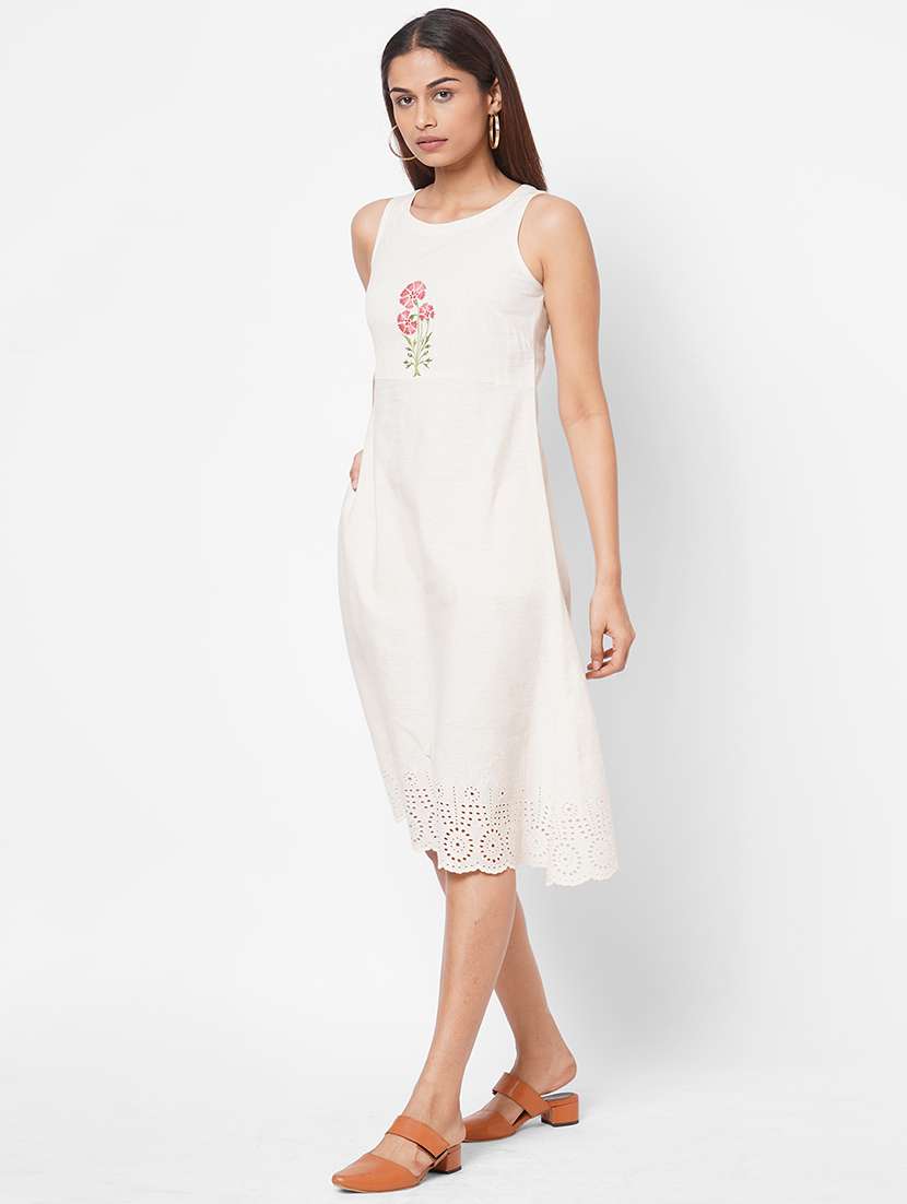 white cotton fit & flare ethnic dress - 18113058 -  Standard Image - 1