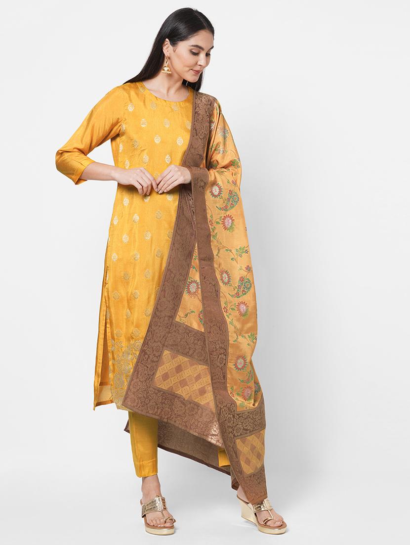 yellow printed unstitched suit set - 18113077 - Standard Image - 1