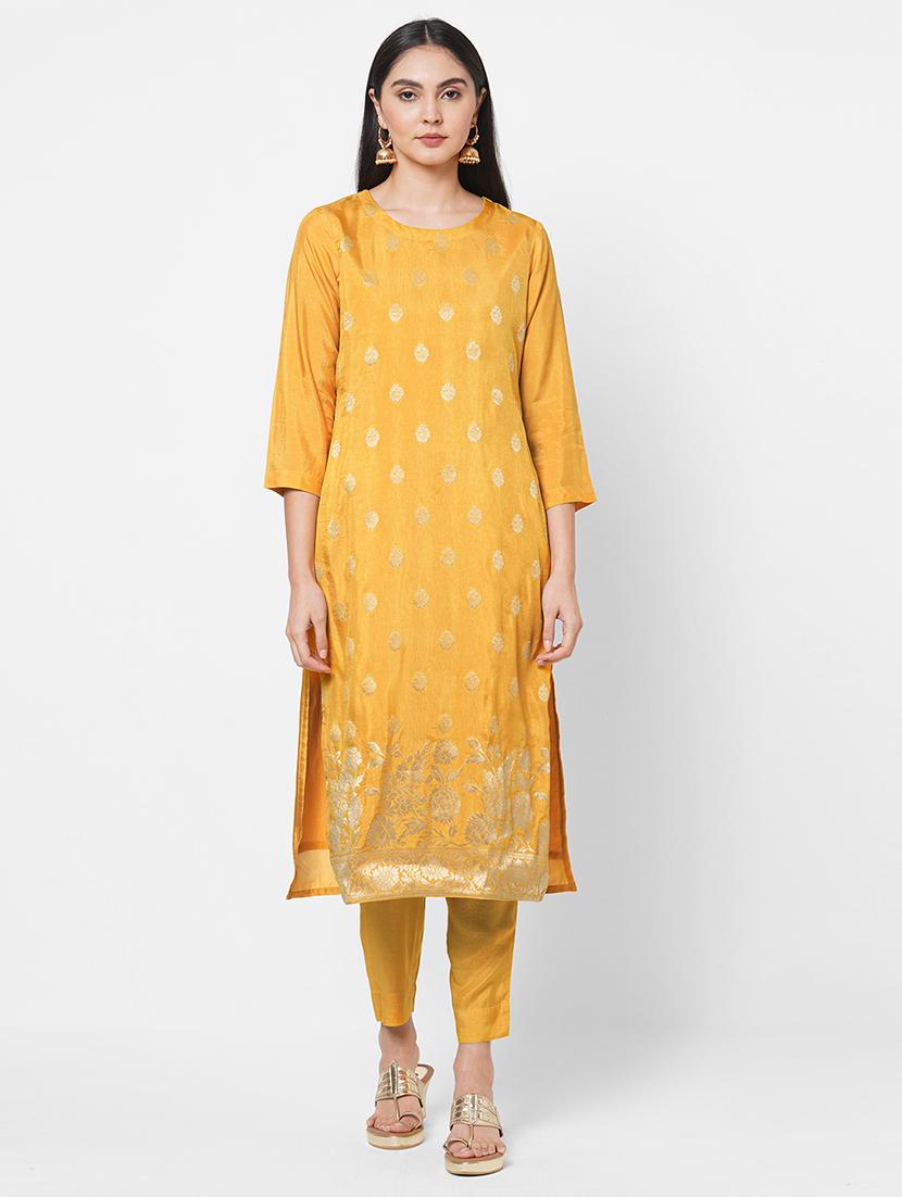 yellow printed unstitched suit set - 18113077 - Standard Image - 4