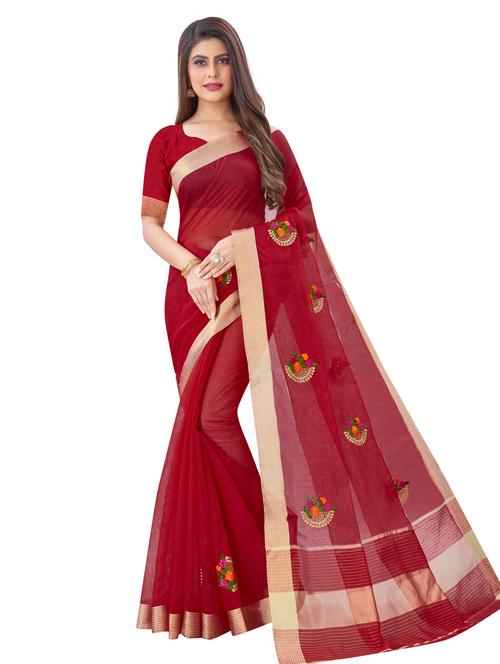 women's solid with work maroon colored saree with blouse - 18113224 - Standard Image - 0