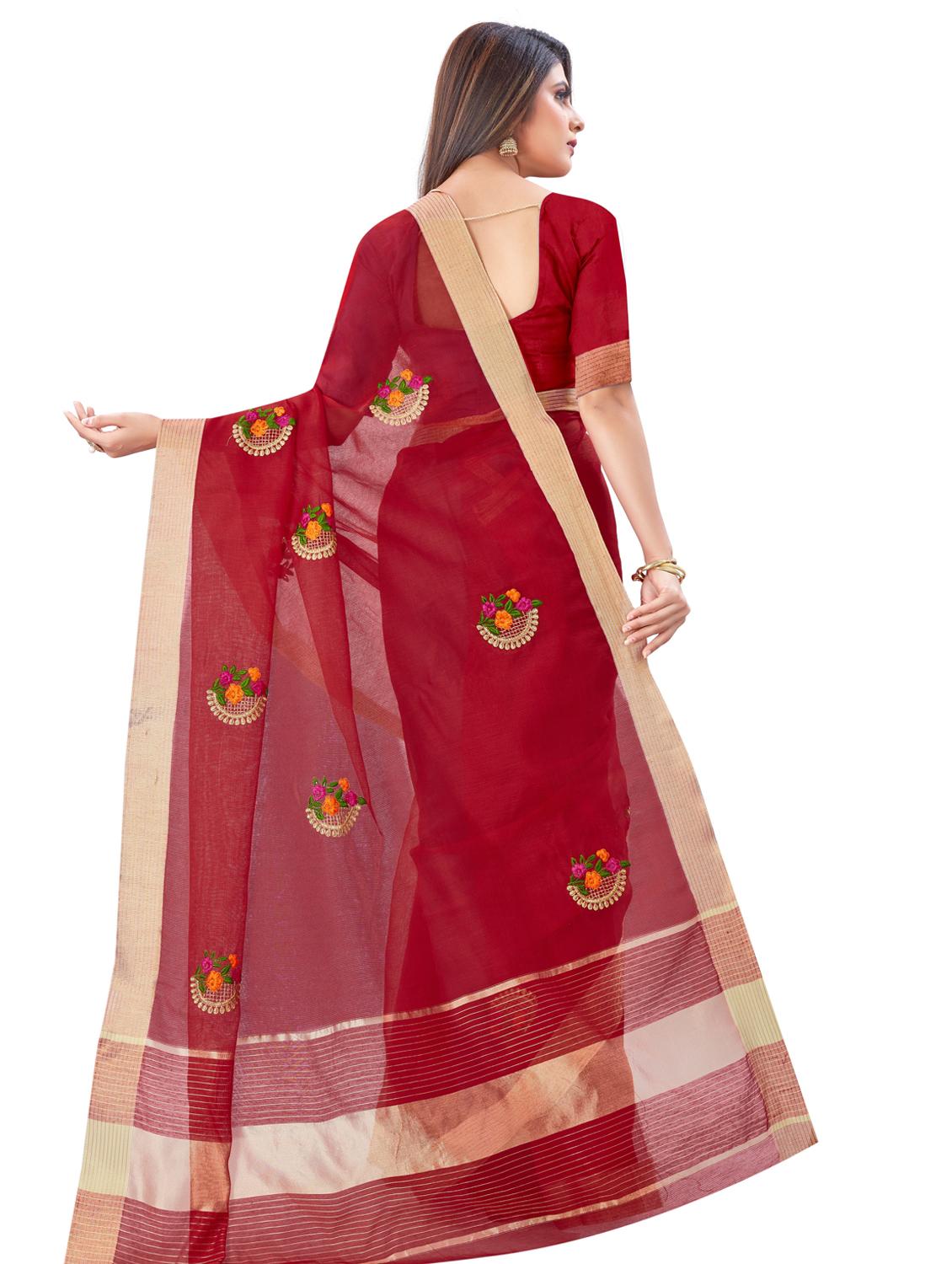 women's solid with work maroon colored saree with blouse - 18113224 - Standard Image - 1