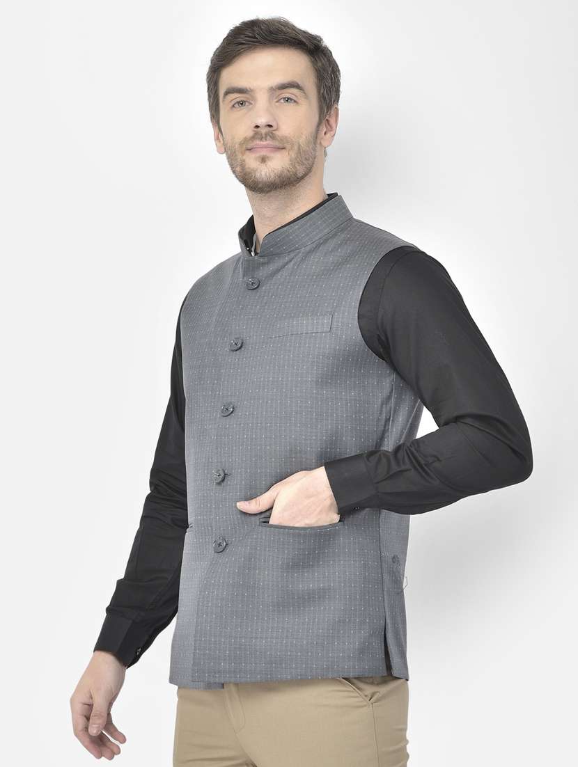 black polyester blend nehru jacket - 18117678 -  Standard Image - 1