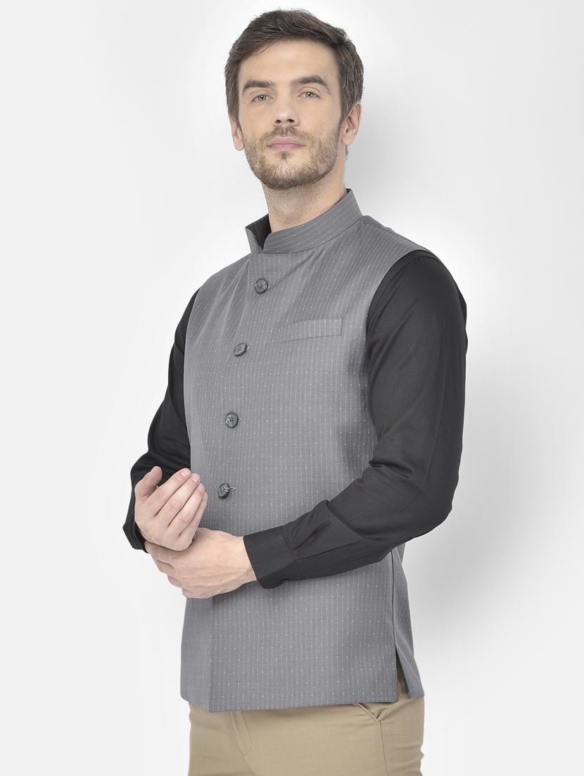 grey polyester blend nehru jacket - 18117679 -  Standard Image - 1