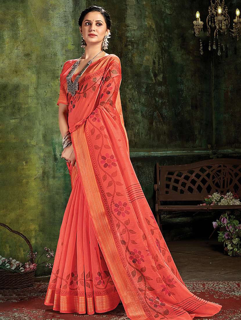 women's leaf print peach colored saree