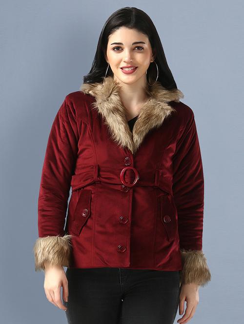 women maroon solid lapel neck fur jacket - 18138375 - Standard Image - 0