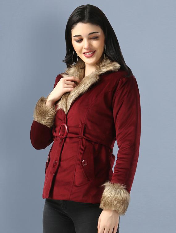 women maroon solid lapel neck fur jacket - 18138375 - Standard Image - 1