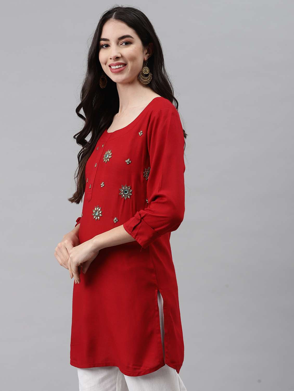 maroon embellished straight kurti - 18141222 - Standard Image - 1