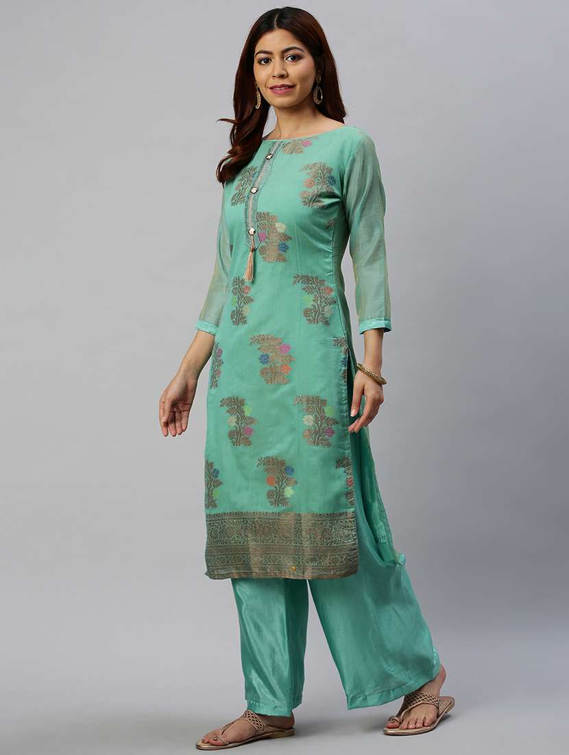 turquoise semi-stitched suit set - 18141626 - Standard Image - 1