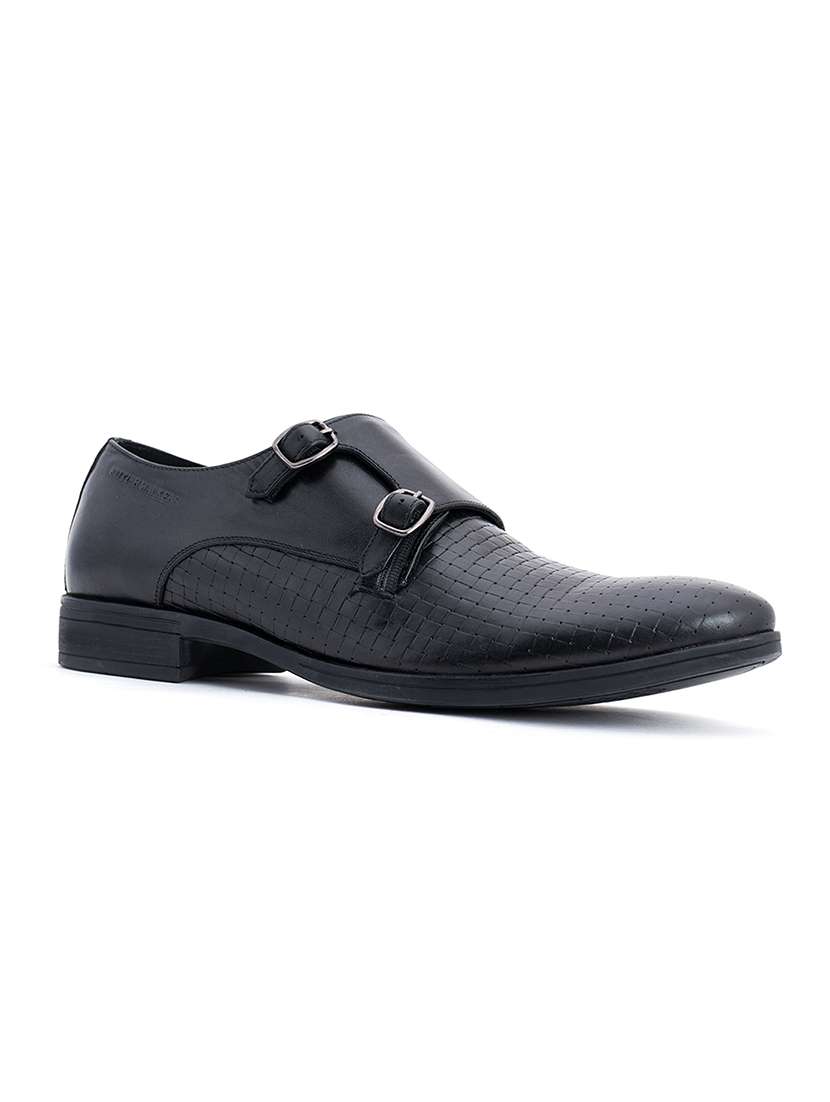 black leather slip on monk straps