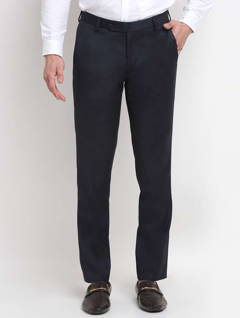 navy-blue solid formal trouser