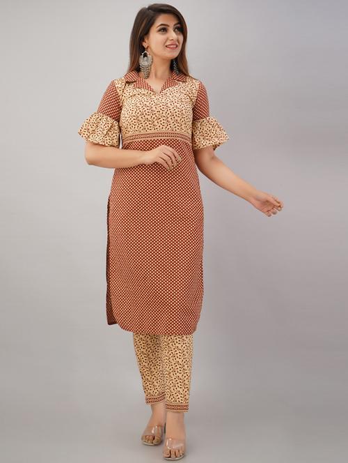 beige cotton kurta pant set - 18145195 - Standard Image - 0