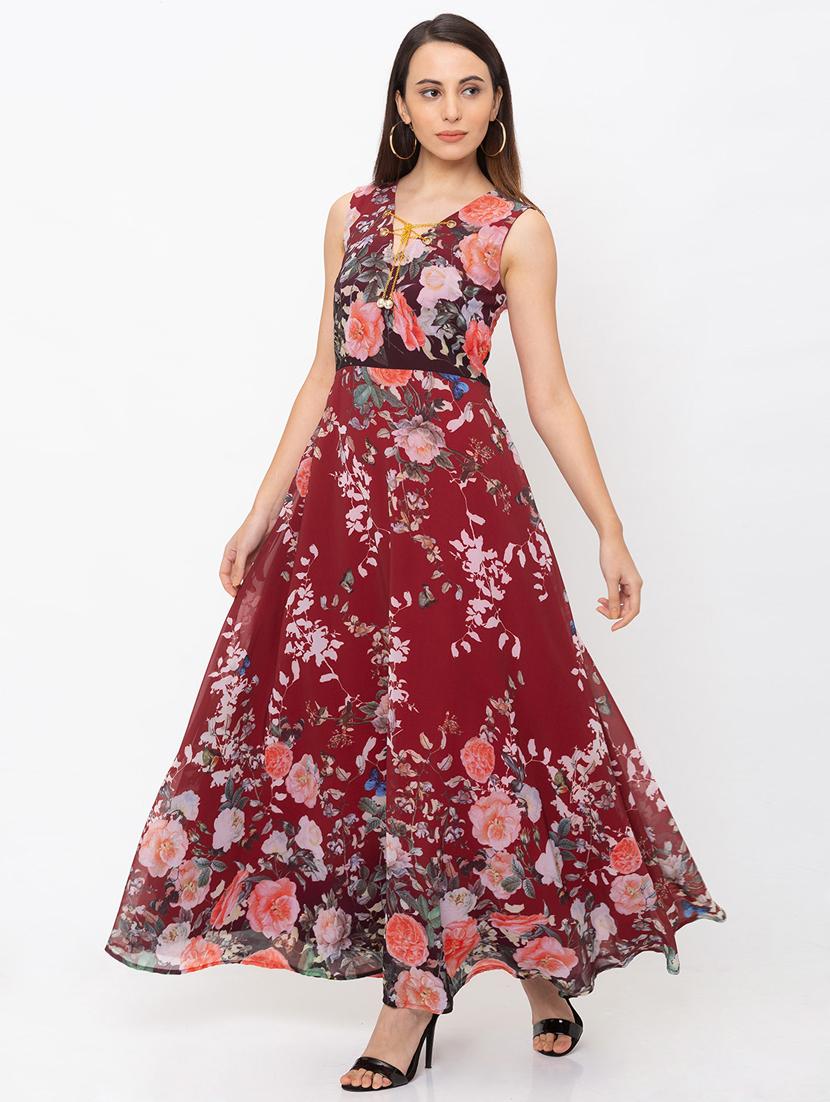 lace up neck floral maxi dress - 18146728 - Standard Image - 1