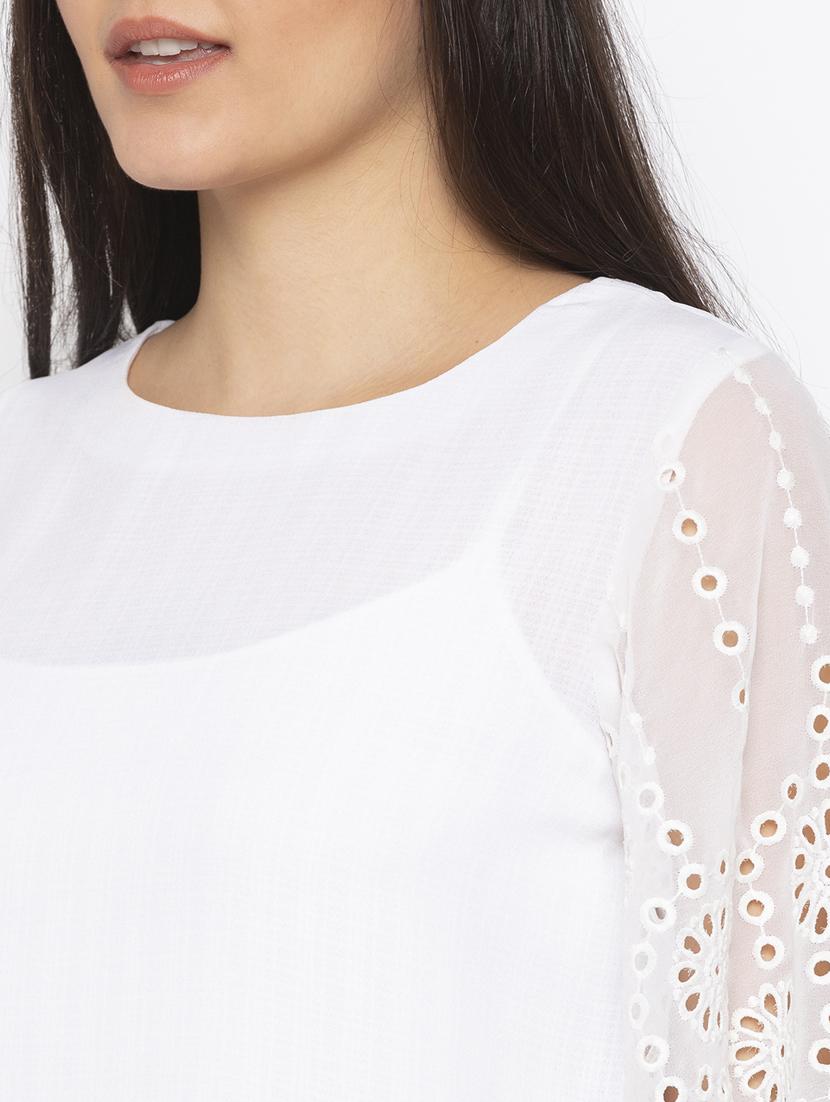 schiffli sleeves solid top - 18146834 - Standard Image - 4